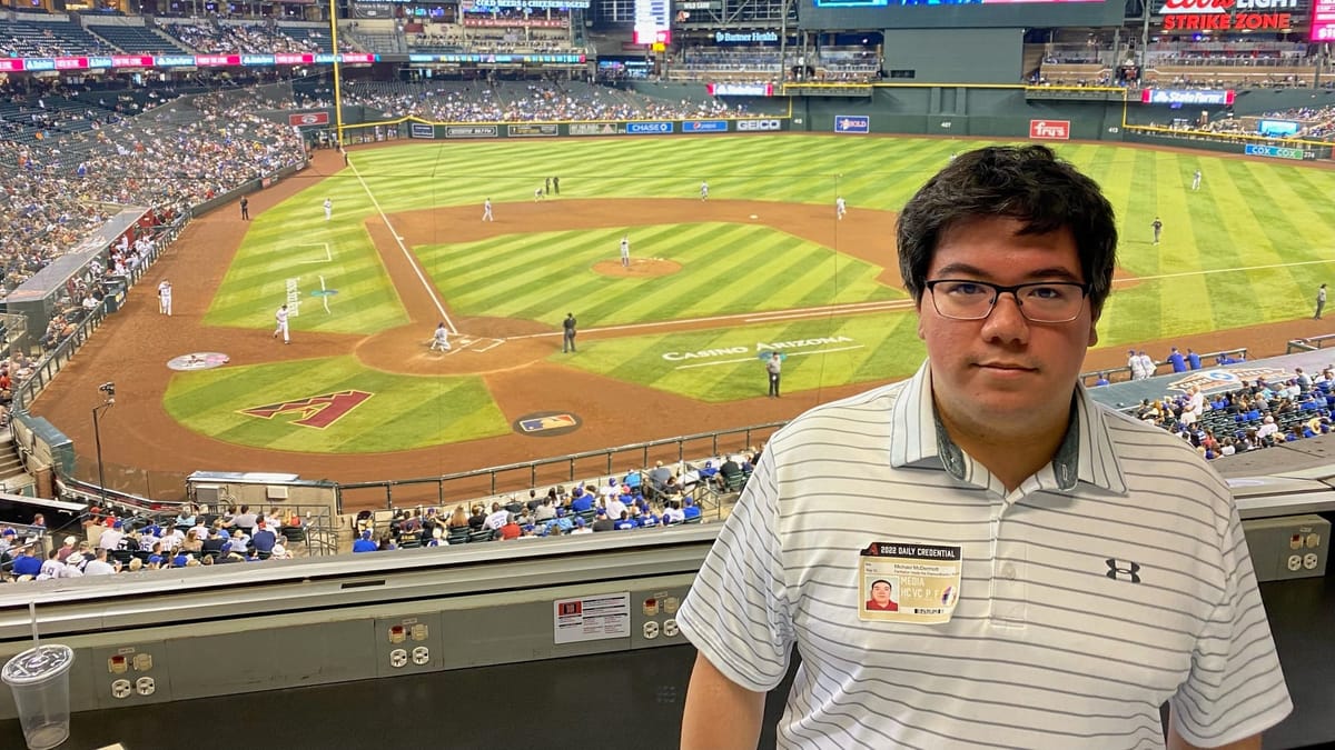 Michael McDermott covering his first D-backs game at Chase Field on September 12, 2022. Photo taken by Jack Sommers of Arizona Diamondbacks On SI.