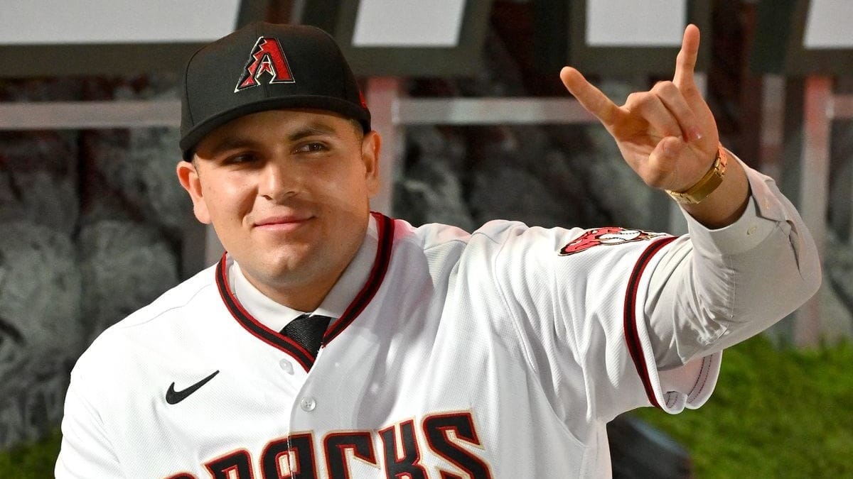 Arizona Diamondbacks first base prospect Ivan Melendez in a D-backs jersey at the 2022 MLB Draft in Los Angeles, CA.