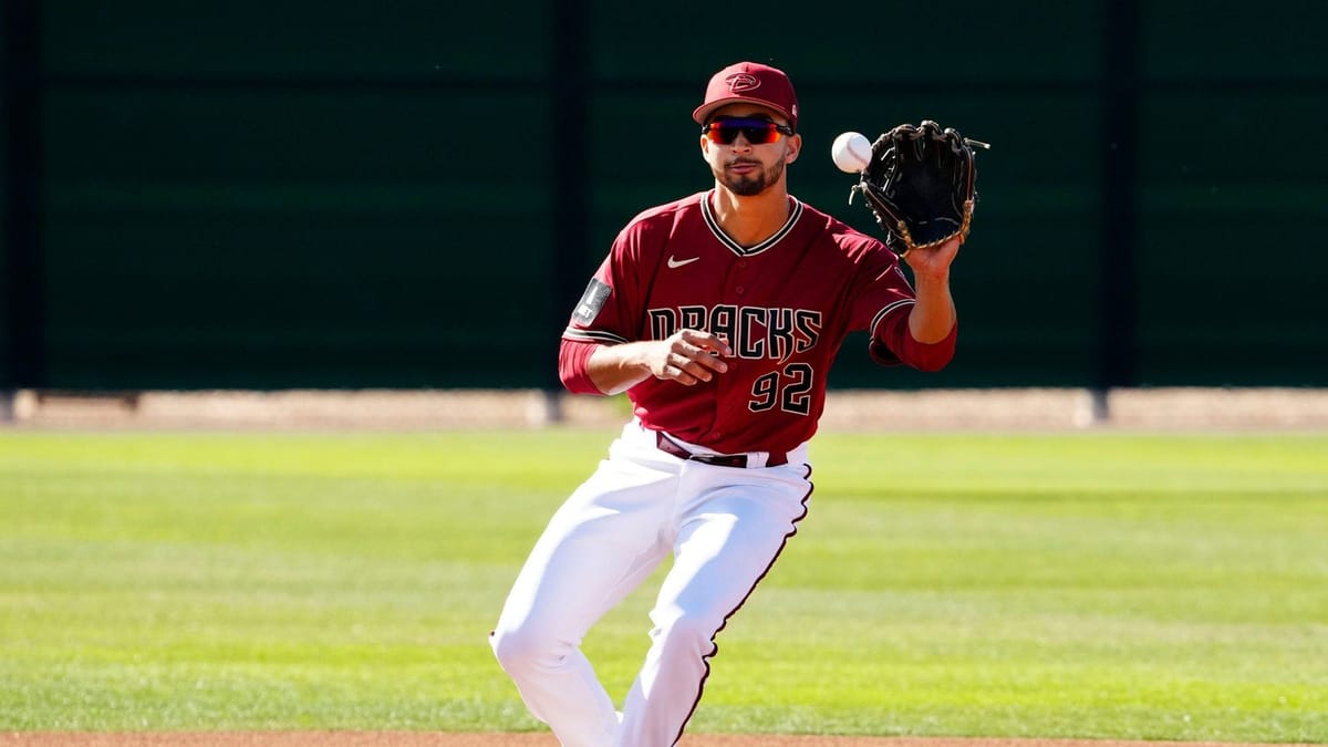 Diamondbacks prospect Jordan Lawlar partakes in infield drills at Salt River Fields.