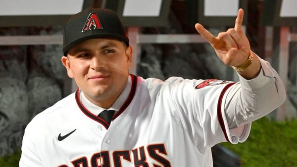 Arizona Diamondbacks first base prospect Ivan Melendez in a D-backs jersey at the 2022 MLB Draft in Los Angeles, CA.