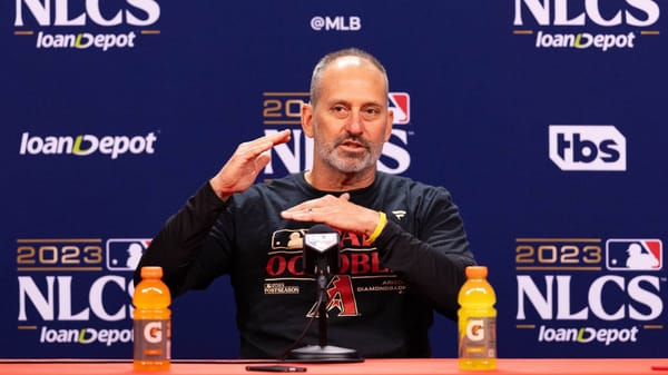 Arizona Diamondbacks manager Torey Lovullo speaks at Chase Field before the 2023 NLCS.