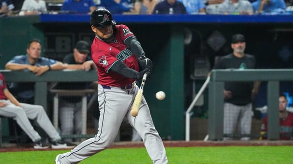 Arizona Diamondbacks catcher Gabriel Moreno (14) bats against the Kansas City Royals at Kauffman Stadium
