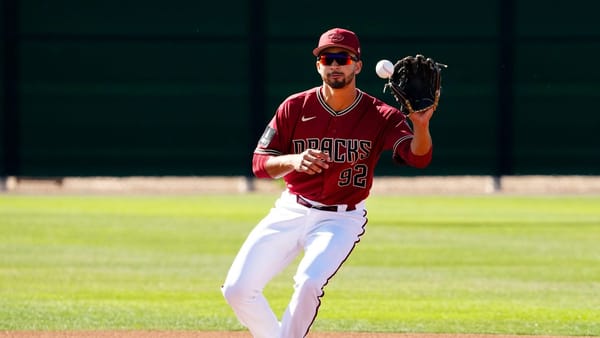 Diamondbacks prospect Jordan Lawlar partakes in infield drills at Salt River Fields.