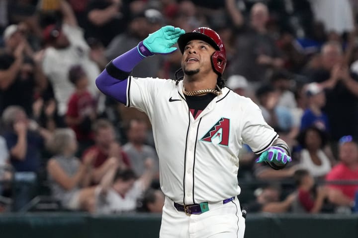 Arizona Diamondbacks second baseman Ketel Marte (4) celebrates after hitting a home run off Philadelphia Phillies pitcher Aaron Nola at Chase Field.